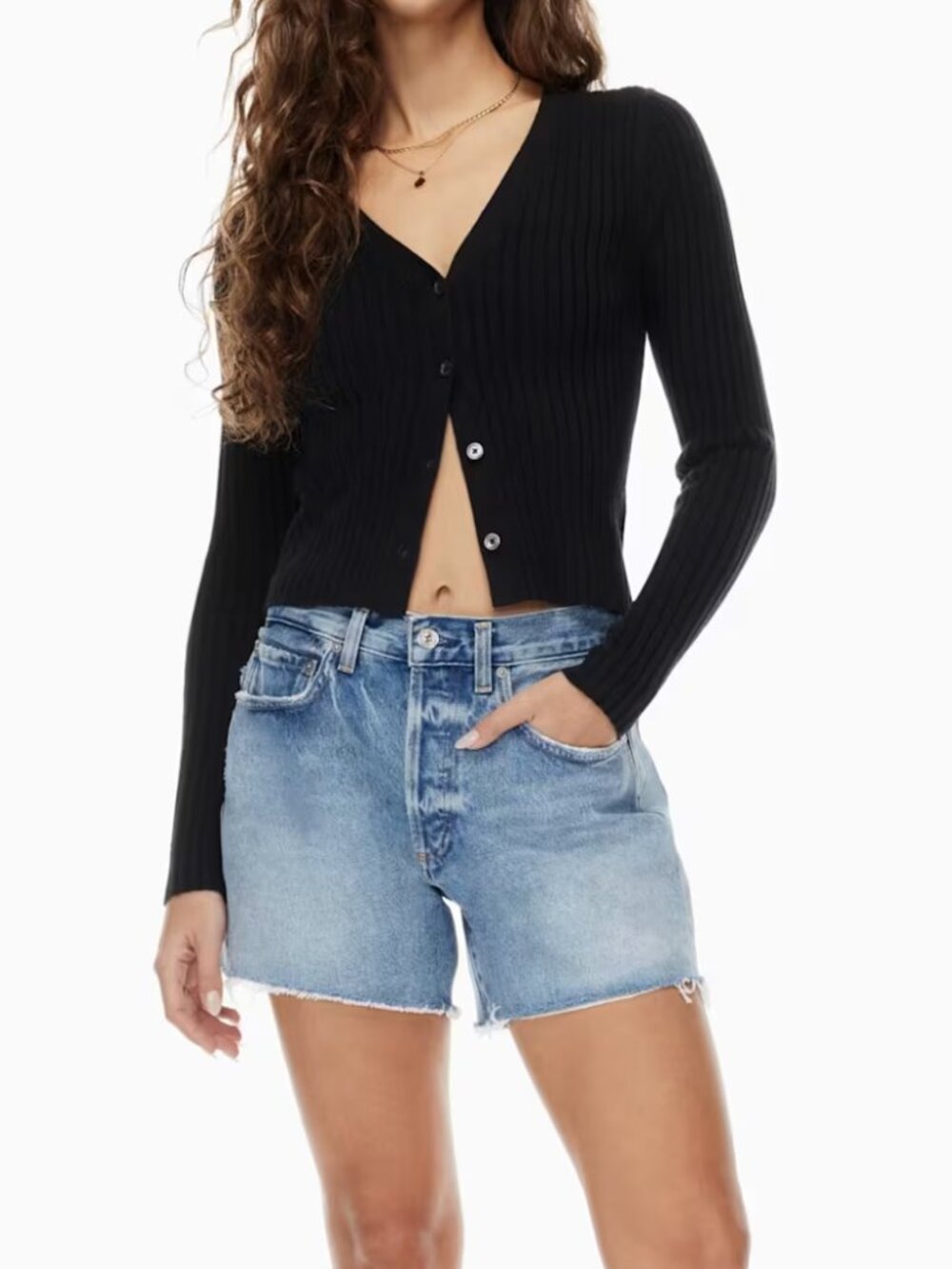 Women’s Annabelle Long Light Blue High Rise  Denim Short with button fly
